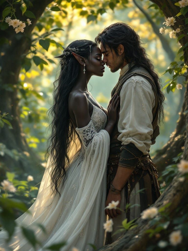 Serene Ebony Elf in Whimsical Forest Scene