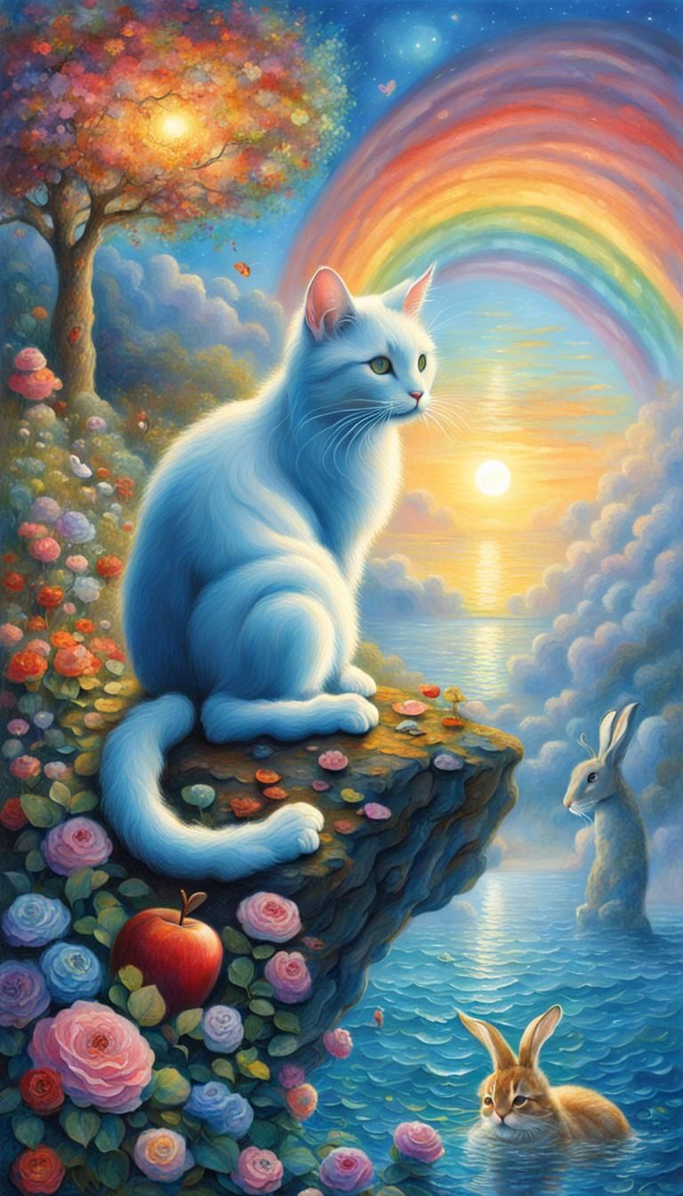 Cat and Rabbit in Ocean, Klimt-Style Fantasy