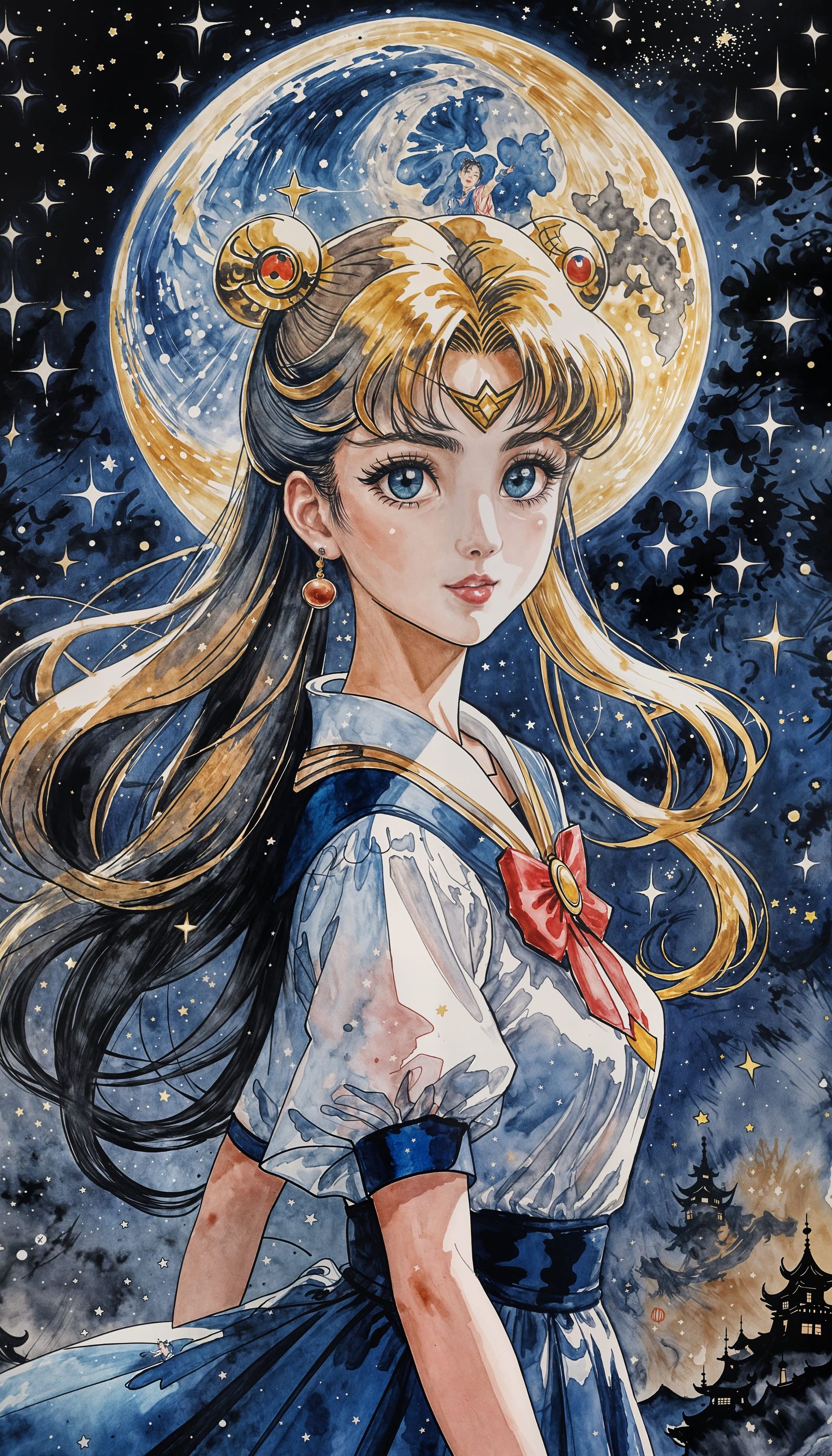 Sailor Moon in Chinese Ink Painting Style