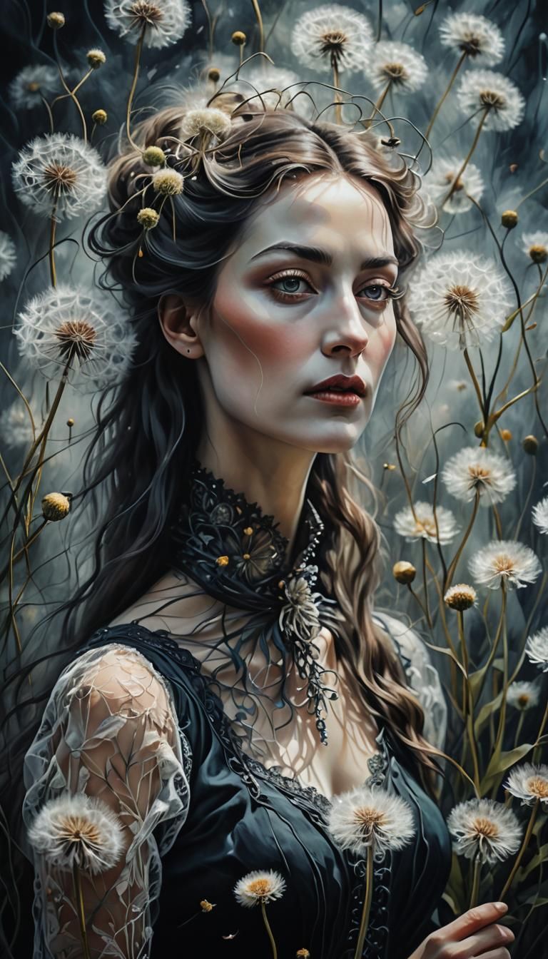 Ethereal Woman in Dandelion Dreamscape, Surreal Macro Photog...