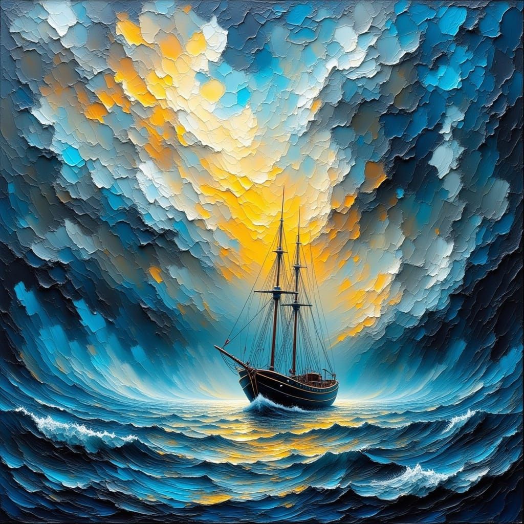 Stormy Seas Impasto Seascape With Boat