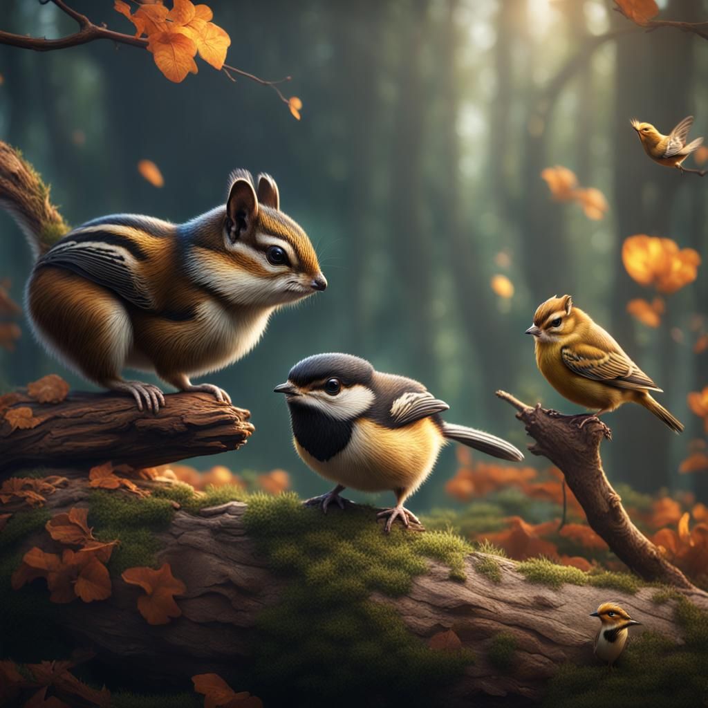 Chipmunk and Chickadee Bird, Detailed Matte Painting