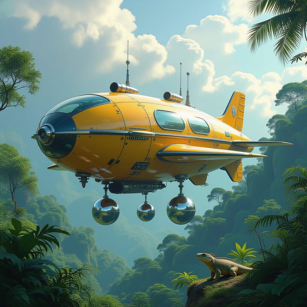 Airship Over Rainforest in Futuristic Style