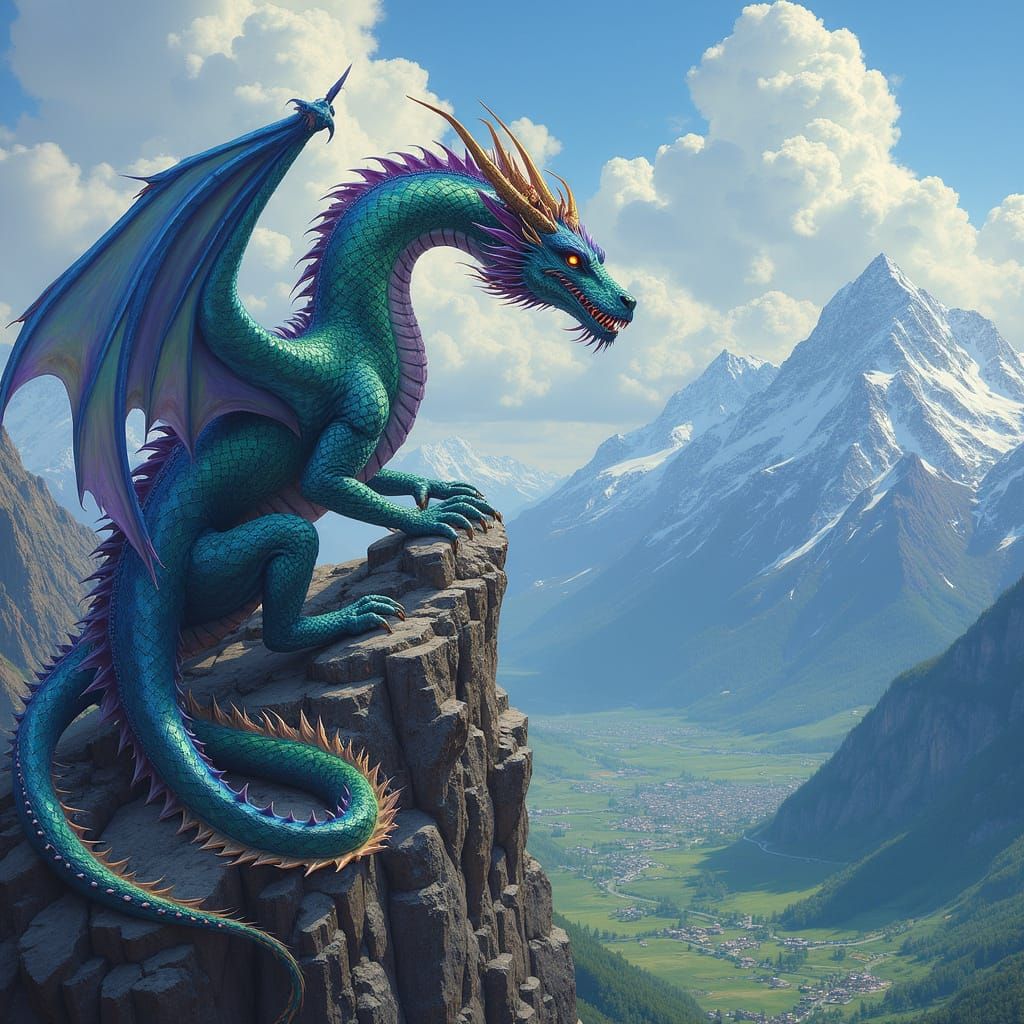 Majestic Dragon Perched on Mountain Peak in Vibrant Colors