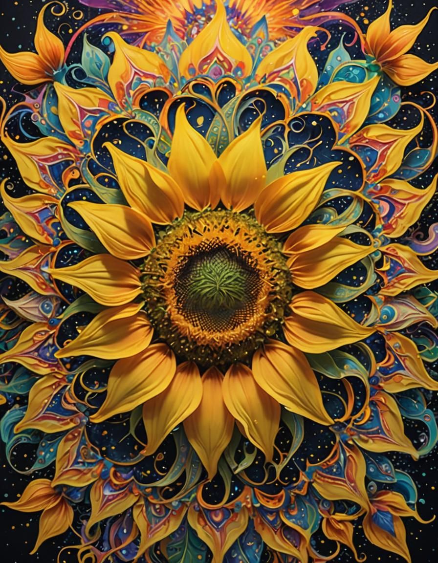 Psychedelic Sunflower with Quantum Energy, as Digital Art