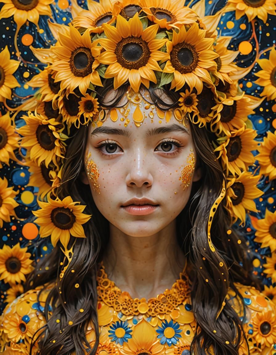 Girl in Sunflower Crown with Cosmic Aura