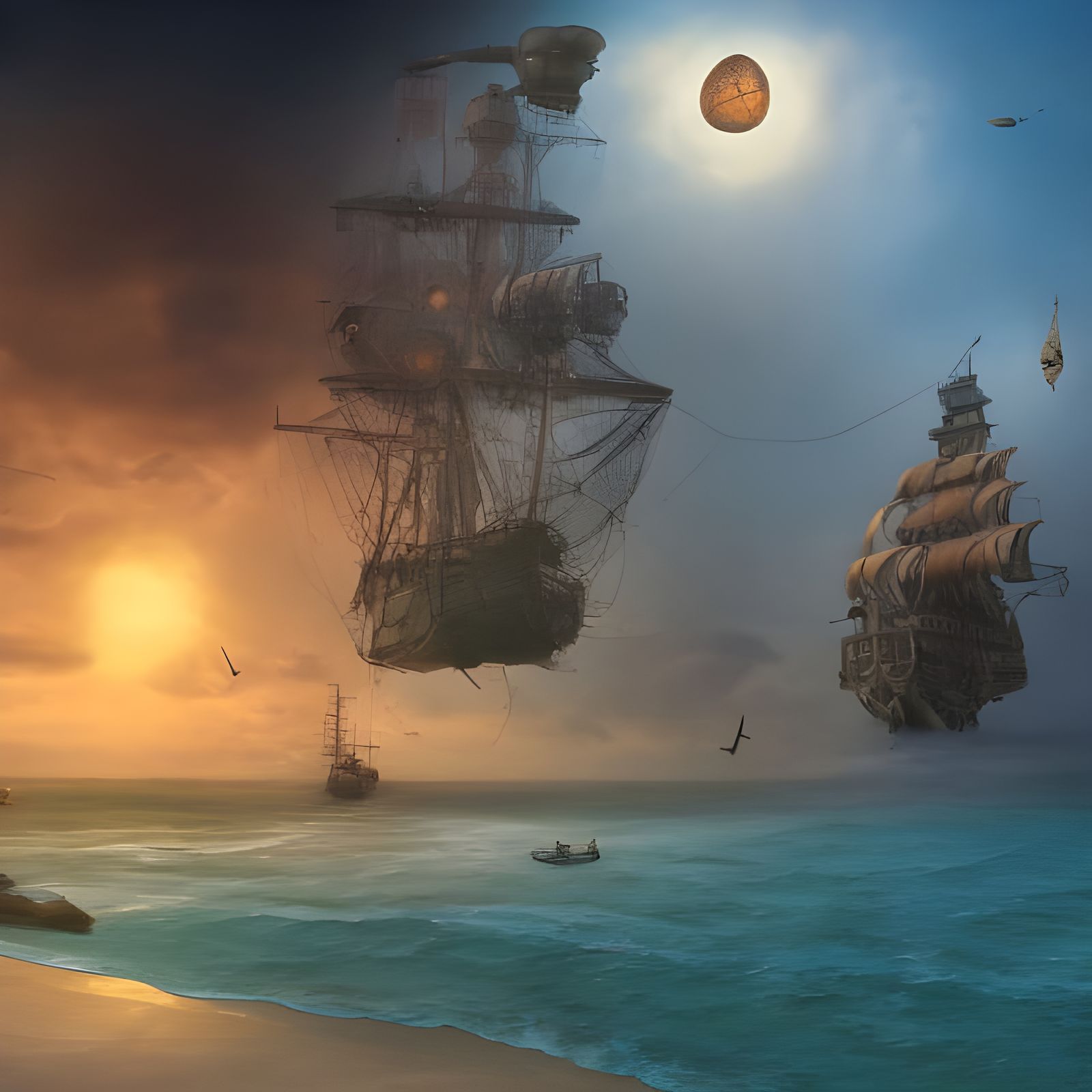 Steampunk Beach with Airships: Acrylic Painting