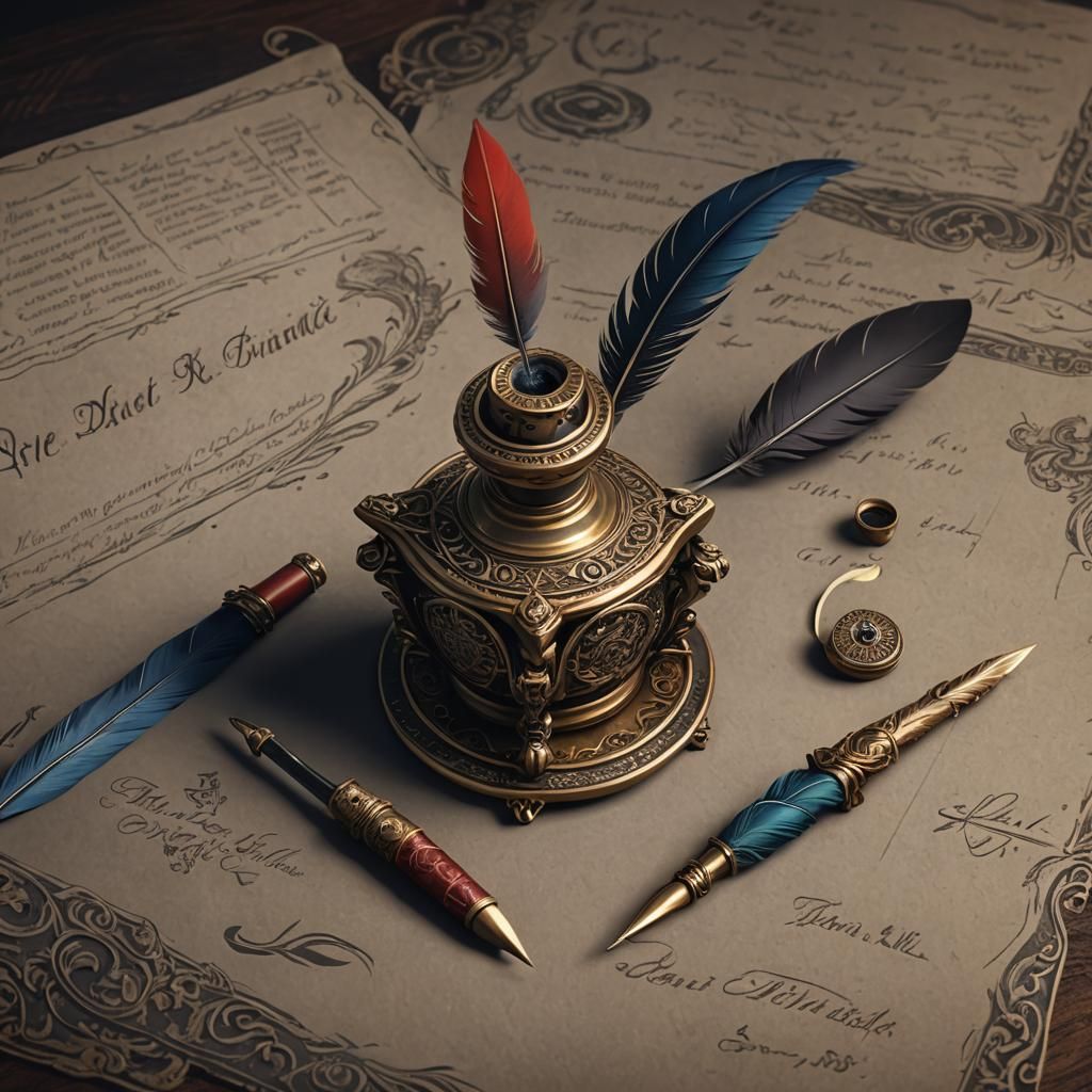 Antique Inkwell with Quill: Detailed Matte Painting