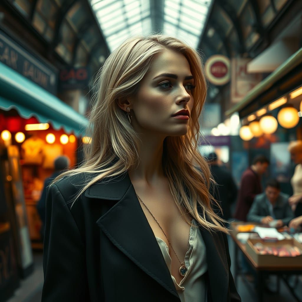 Elegant Woman Lost in Camden Market's Vibrant Chaos