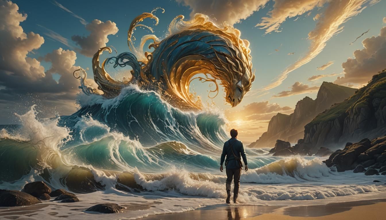 Golden Aura Man on Ocean's Edge