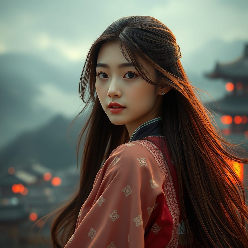 Young Korean Heroine in Hanbok with Mystical Korean Backdrop