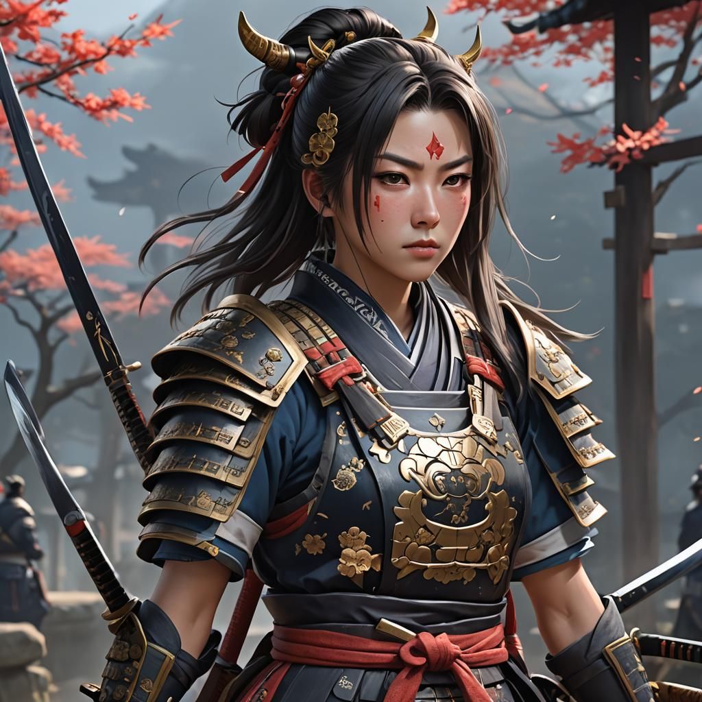 Detailed 3D Anime Female Samurai Warrior