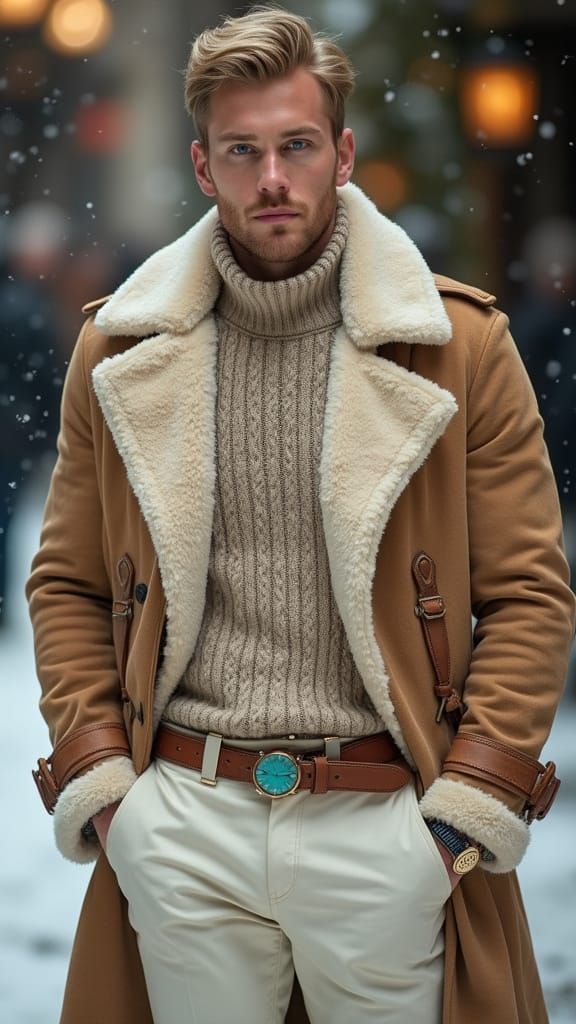 Handsome Man in Winter Luxury, Hyper-Realistic Portrait