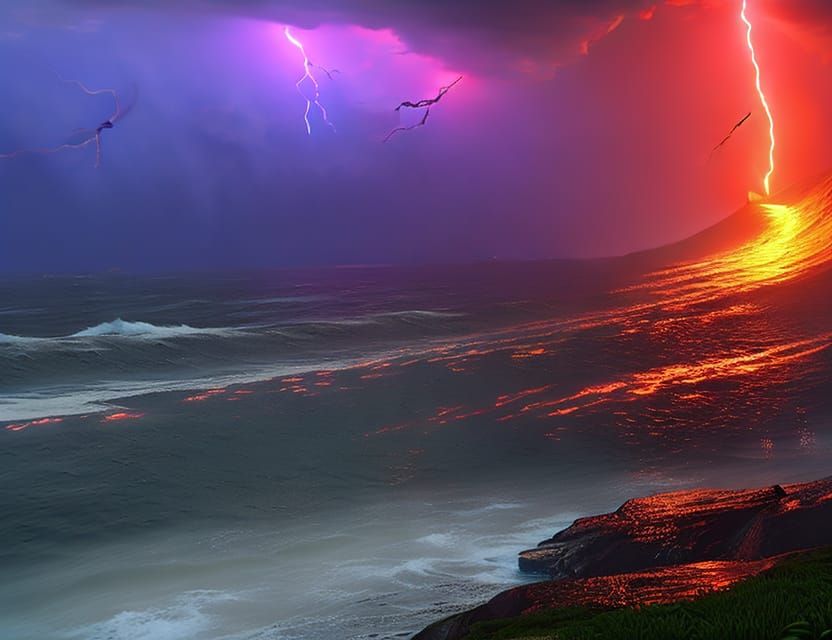 Menacing Thunderstorm over Ocean with Vivid Lightning