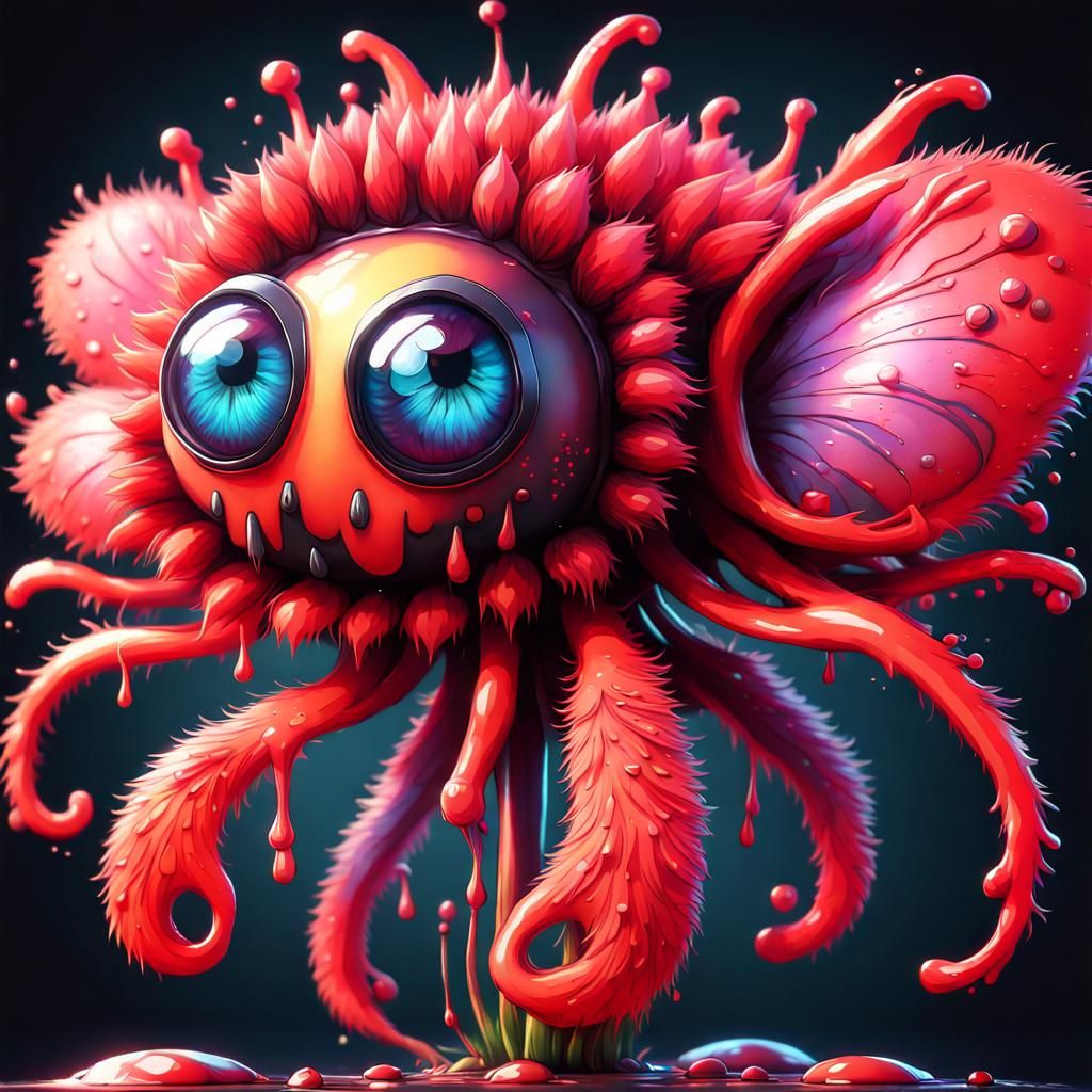 Fuzzy Red Flower Creature in Detailed Matte Painting