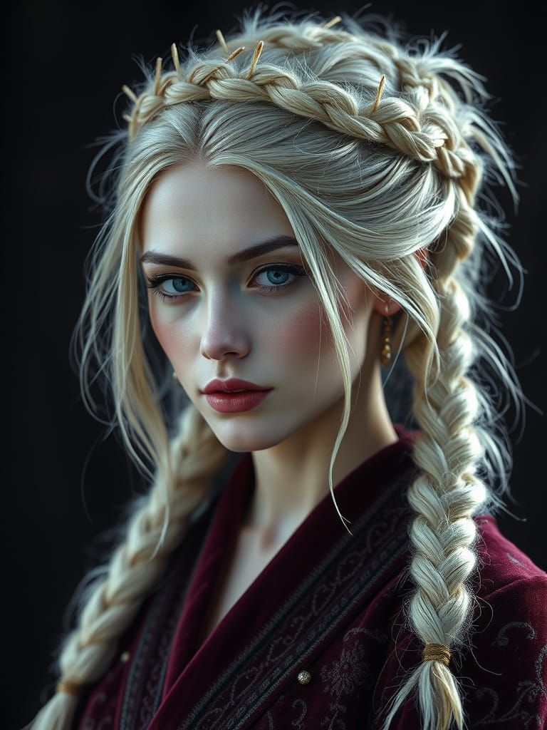 Fae Duchess Portrait with Flaxen Hair and Velvet Robe