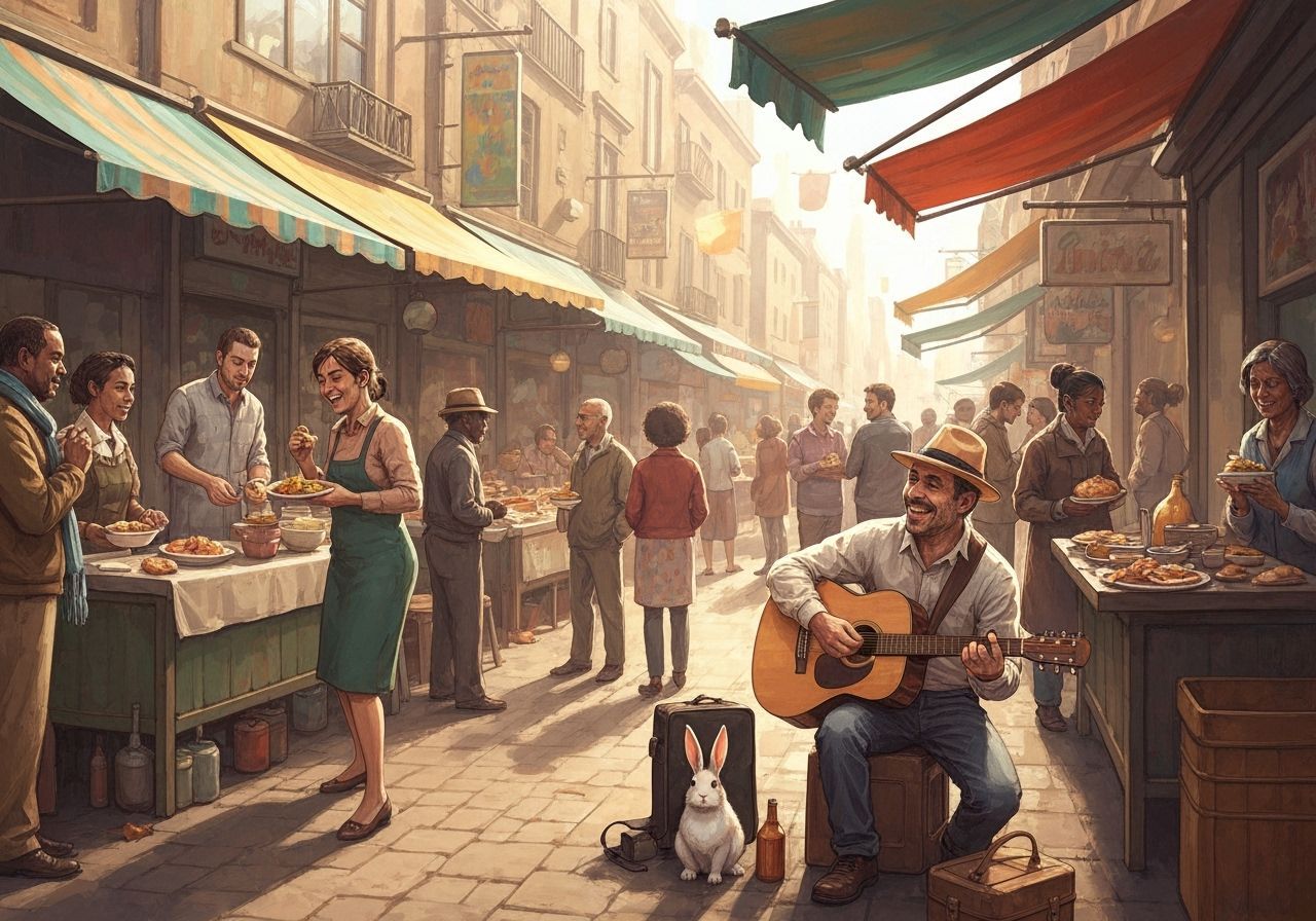 Joyful Street Musician and Rabbit Unite Diverse Crowd