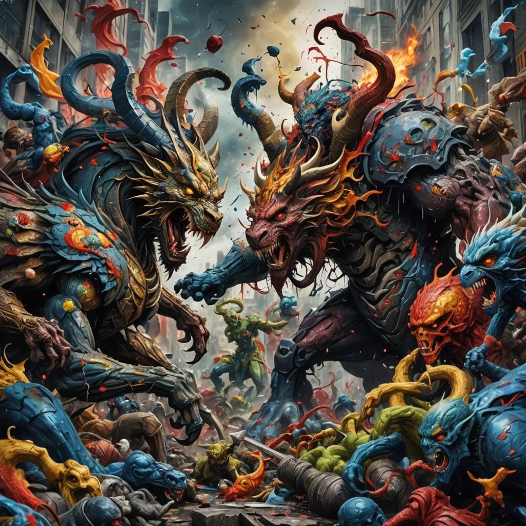 Epic Battle of Good and Evil on Earth in Graffiti Style