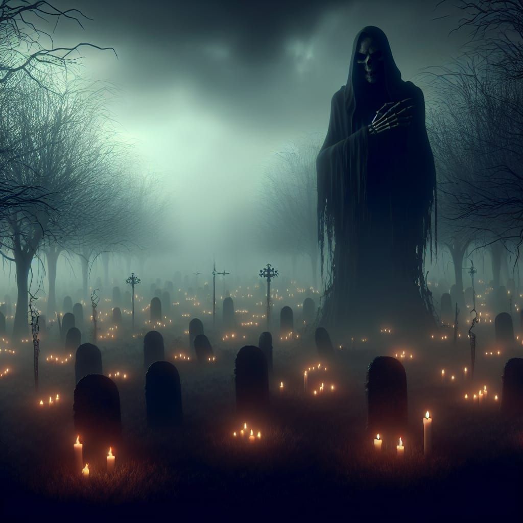 Eerie Reaper with Large Teeth in Foggy Graveyard