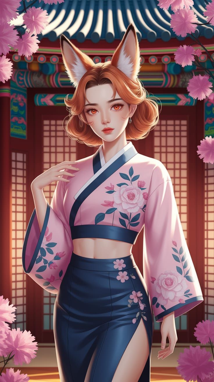 Korean Woman with Kitsune Ears in Anime Style