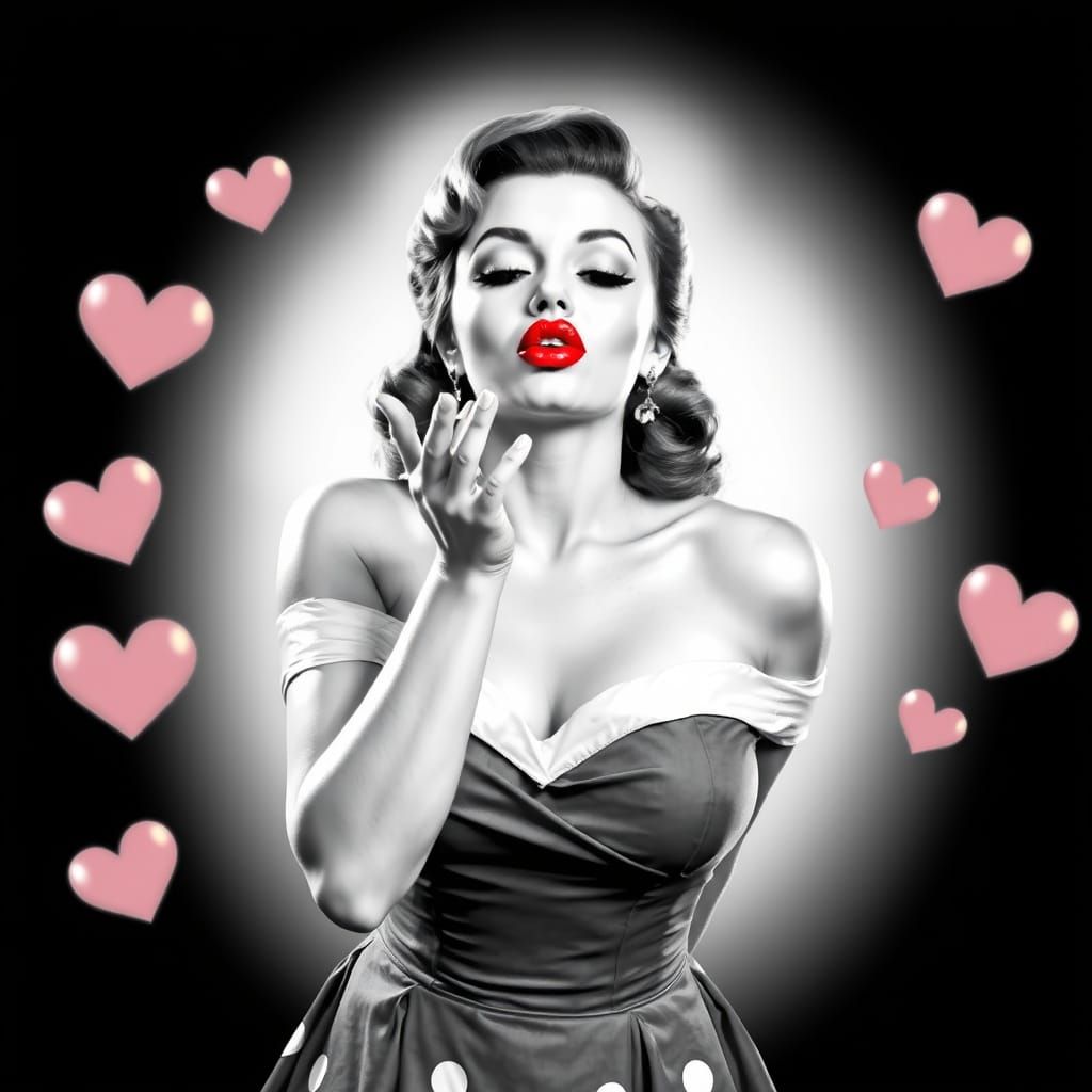 Voluptuous Woman Blowing Kiss in 1950s Pin-Up Style