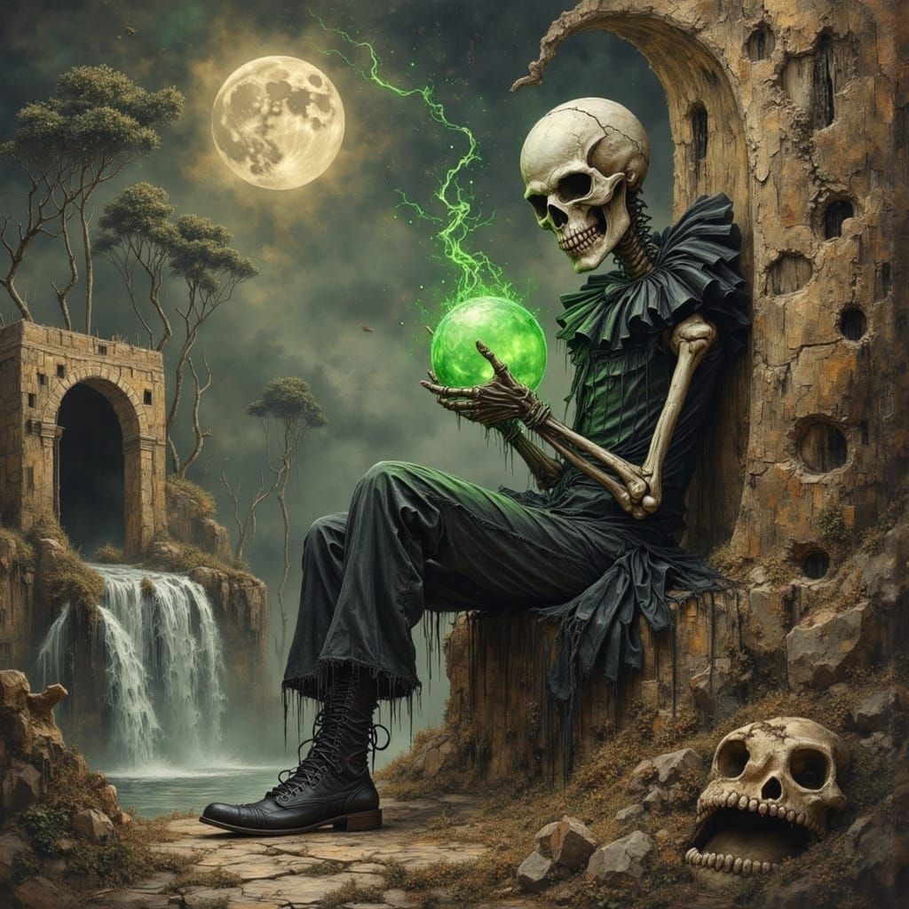 a skeletal clown with twisted bony