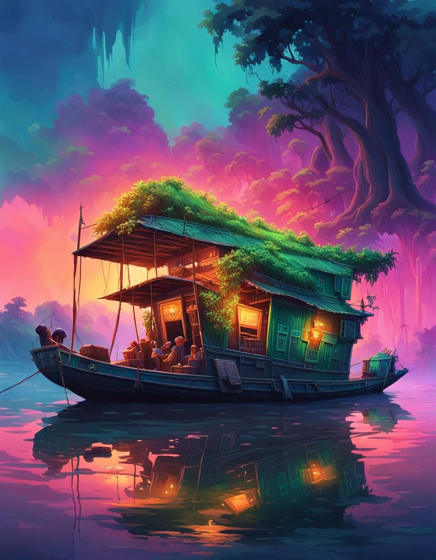 Mekong River Junk Boat in Neon Hues