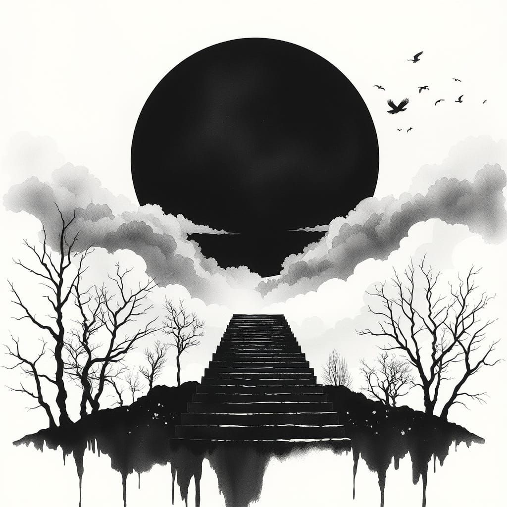 Surreal Staircase to Black Sun in Japanese Minimalist Style