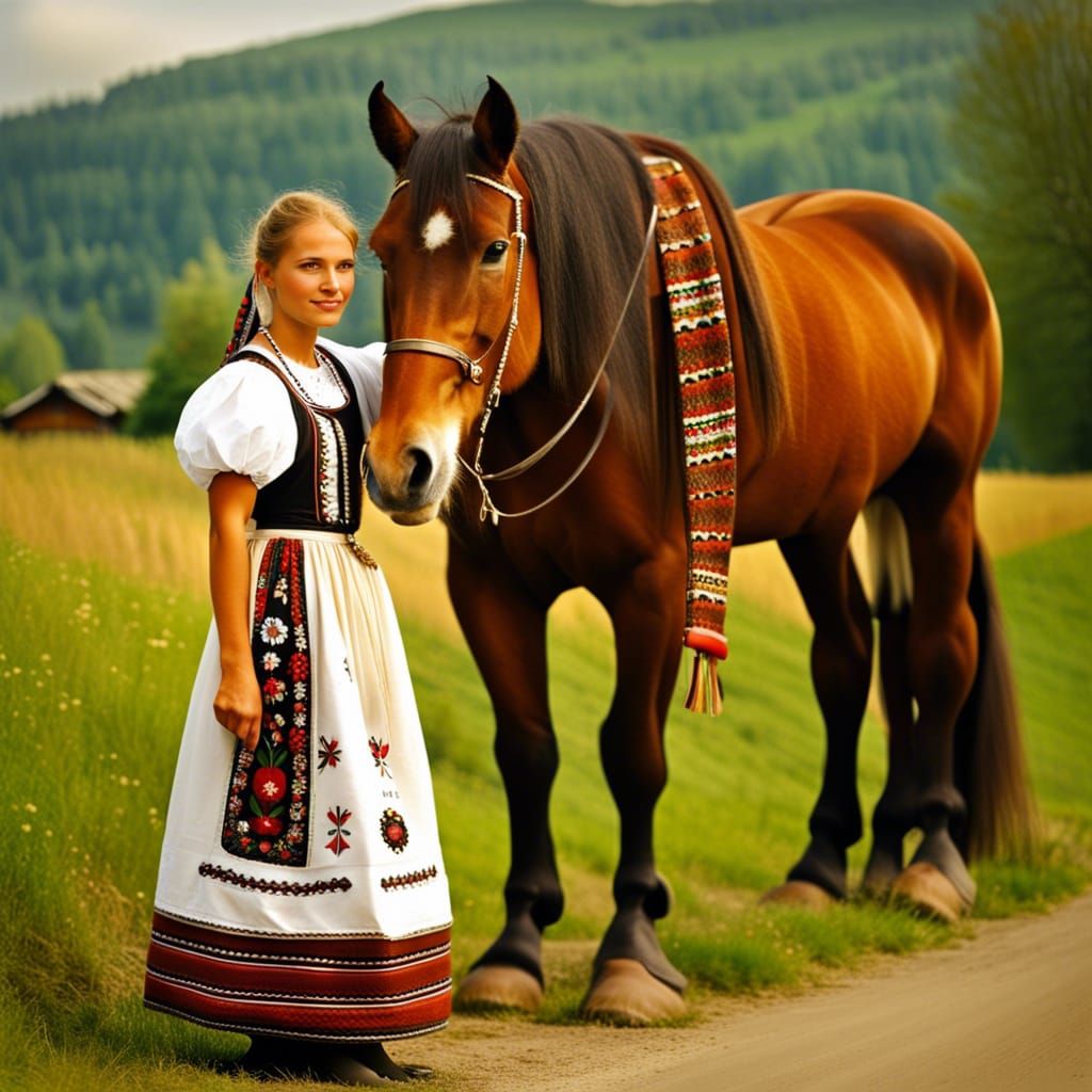 Slovak Girl and Brown Draft Horse in Folk Dress