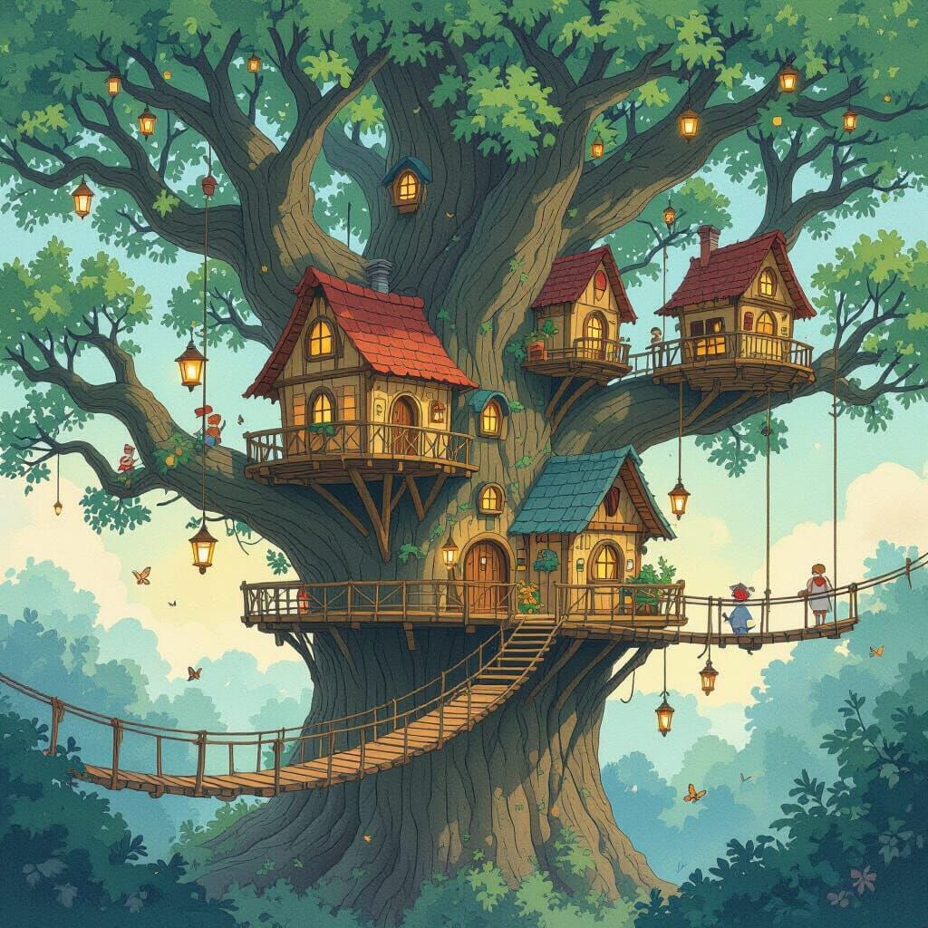 Enchanted Treehouse Village in Ghibli-Amano Style