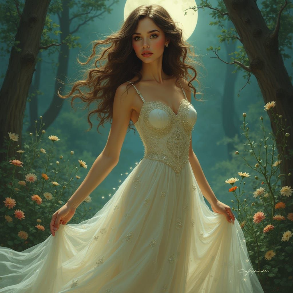 Ethereal Goddess in Moonlit Garden