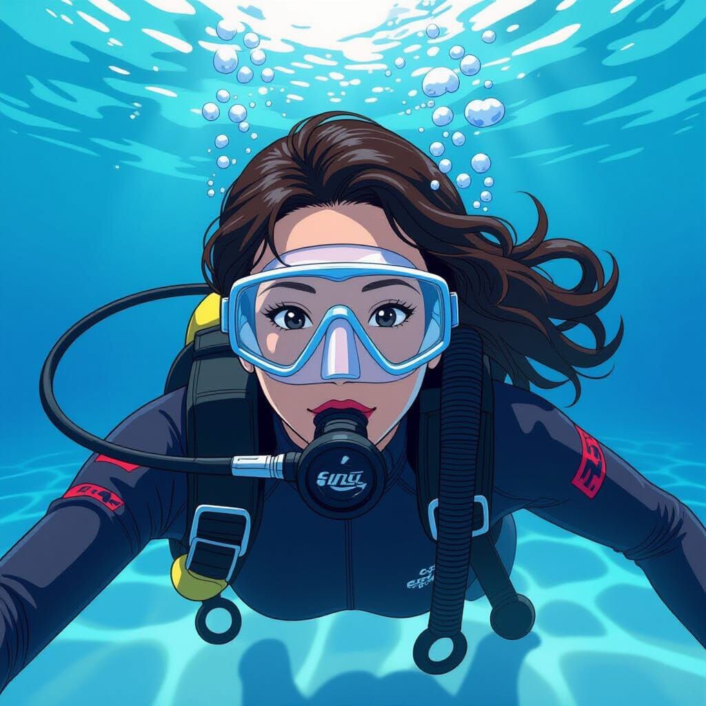 Asian Scuba Diver in Cel-Shaded Manga Style