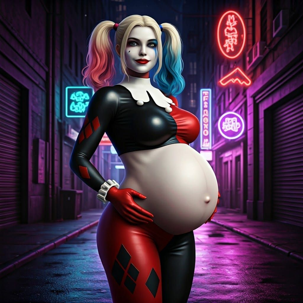 Pregnant Harley Quinn in Neon Alleyway, Comic Art