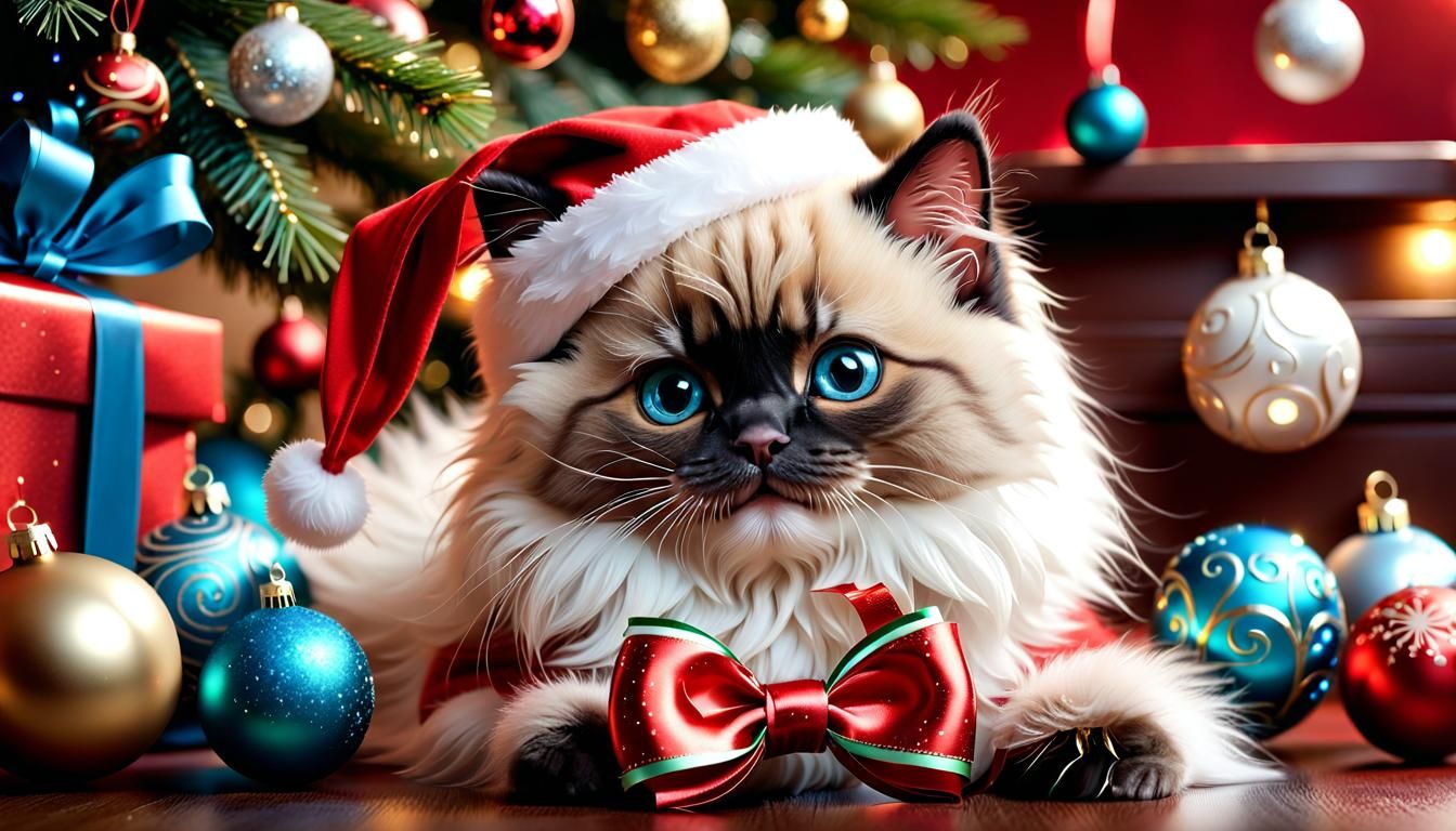 Fluffy Santa Kitten Plays Under Christmas Tree