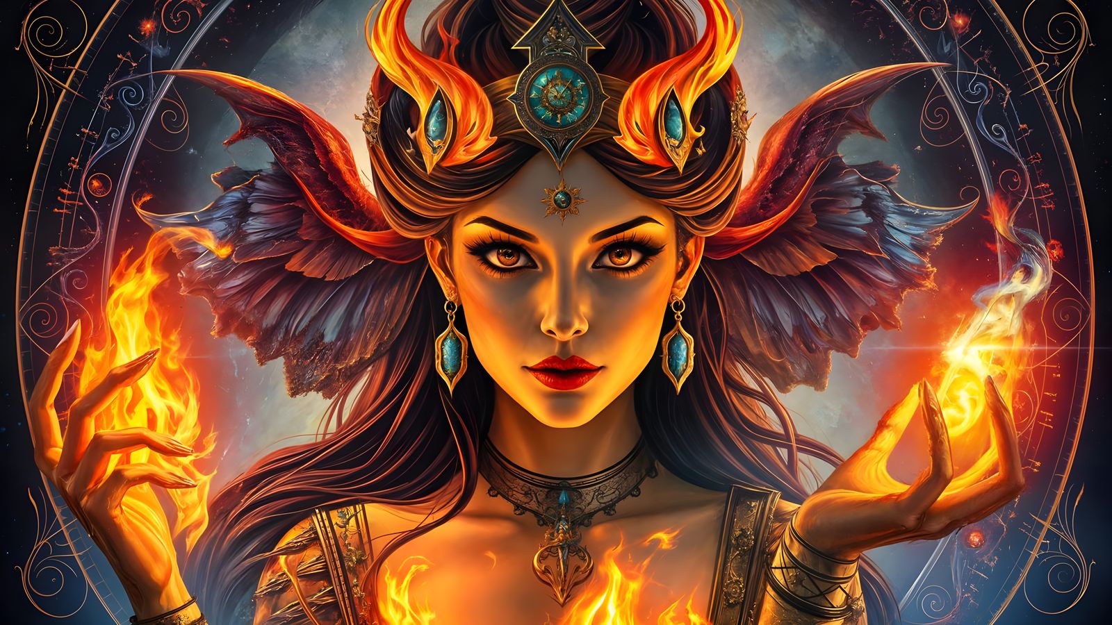 Fire Goddess in Fantasy Environment, Inspired by Boris Valle...
