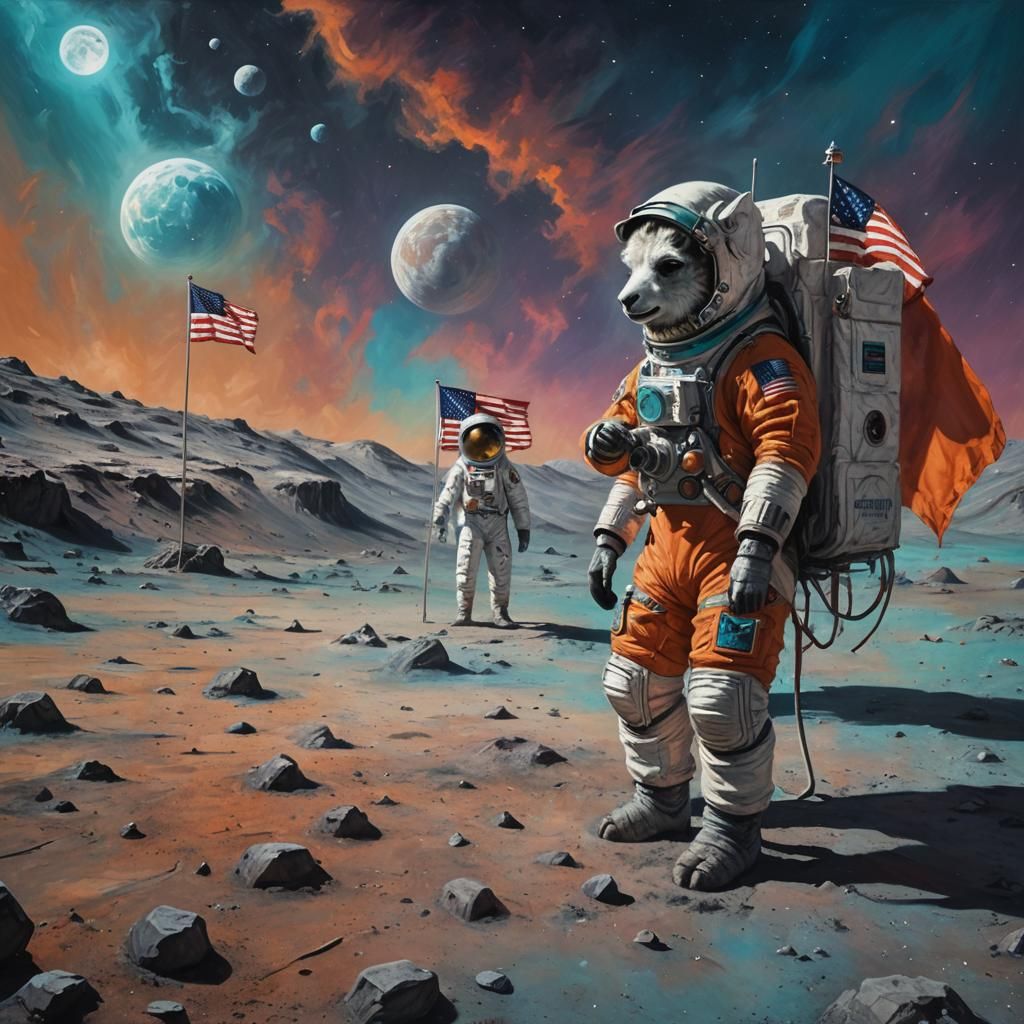 Llama Astronaut on the Moon as Oil Painting