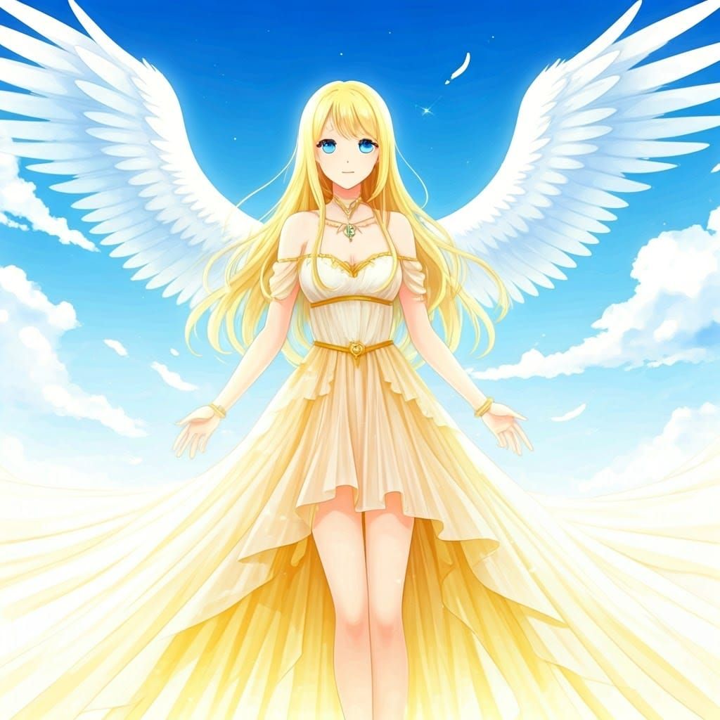 Anime Angel Descending from Heaven in Radiant Light