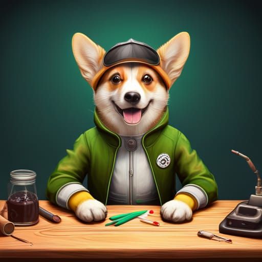 painting of a cute corgi wearing a green techwear jacket and fedora, sitting on a big wooden table, straw hat, straw glo...