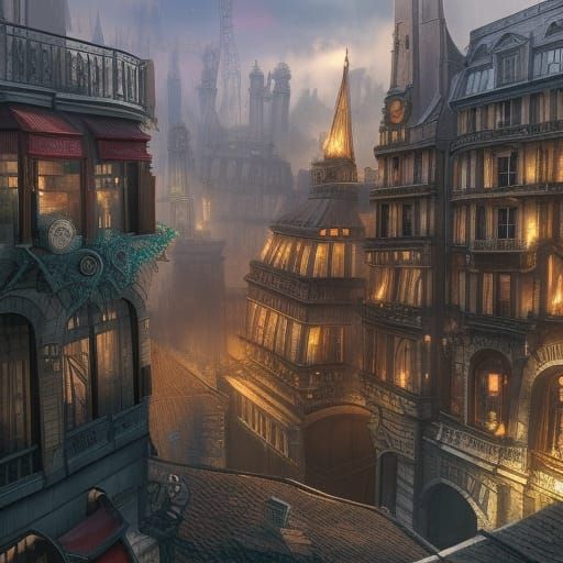 Steampunk Paris with Ashlar Buildings: Detailed Matte Painti...