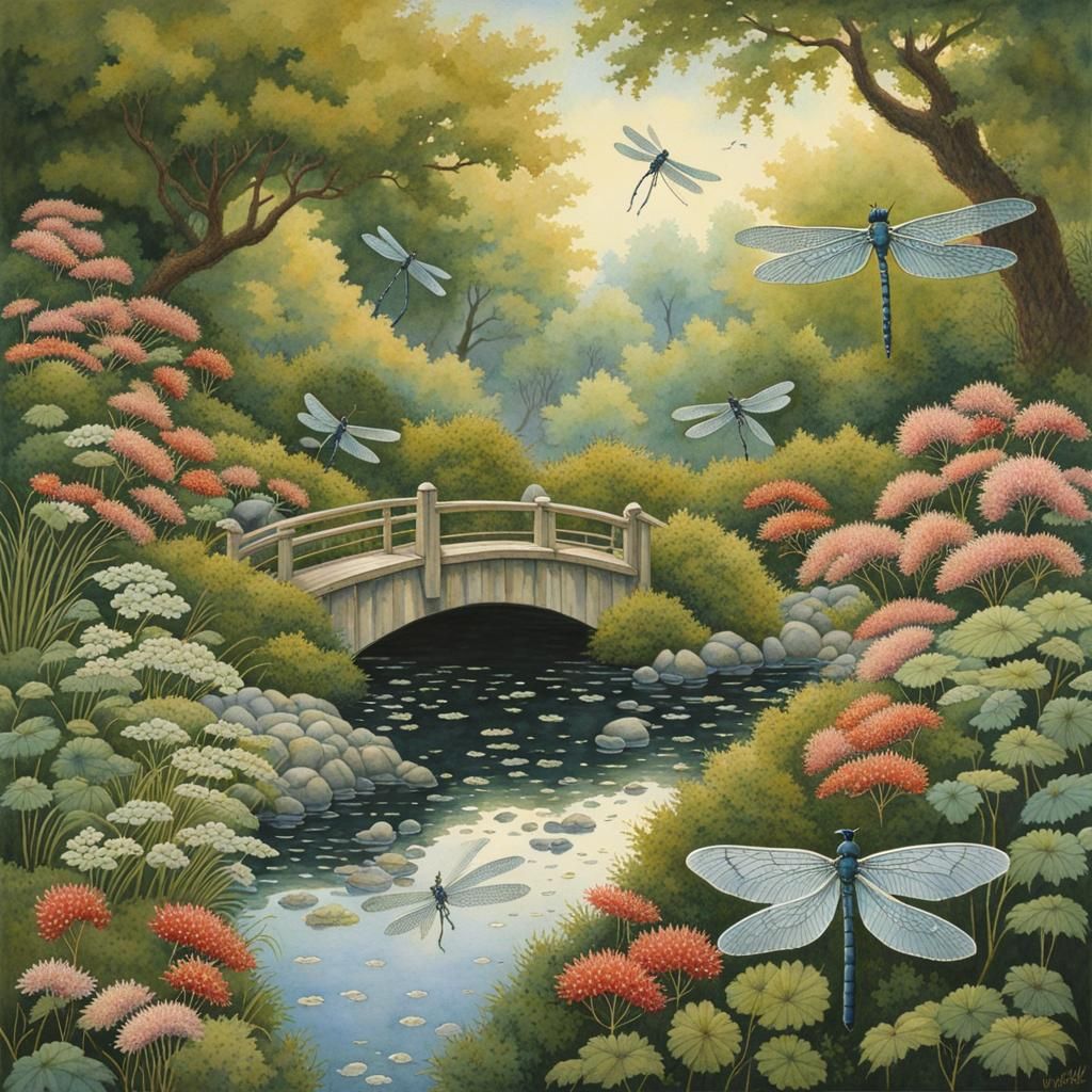 Dragonflies Surround Couple in Japanese Watercolor Garden