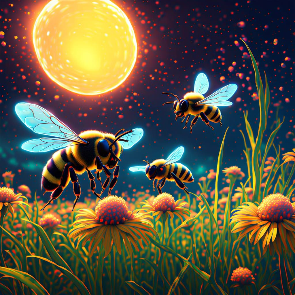 Cybernetic Bees Hover Over Futuristic Meadow