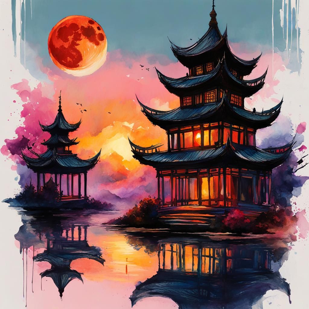Blood moon over a pagoda