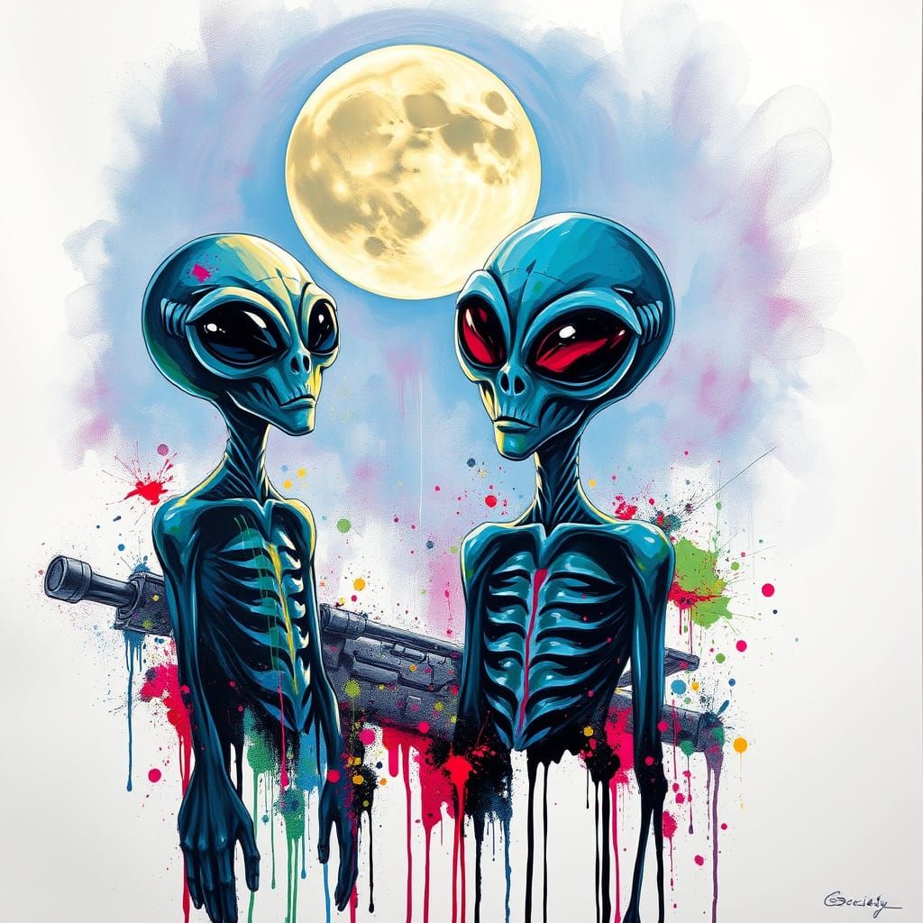 Aliens Gazing at the Moon in Vibrant Graffiti Style