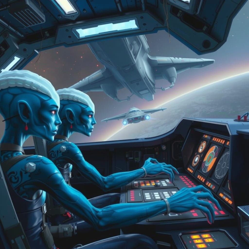 Confident Blue Alien Pilots in Futuristic Spacecraft