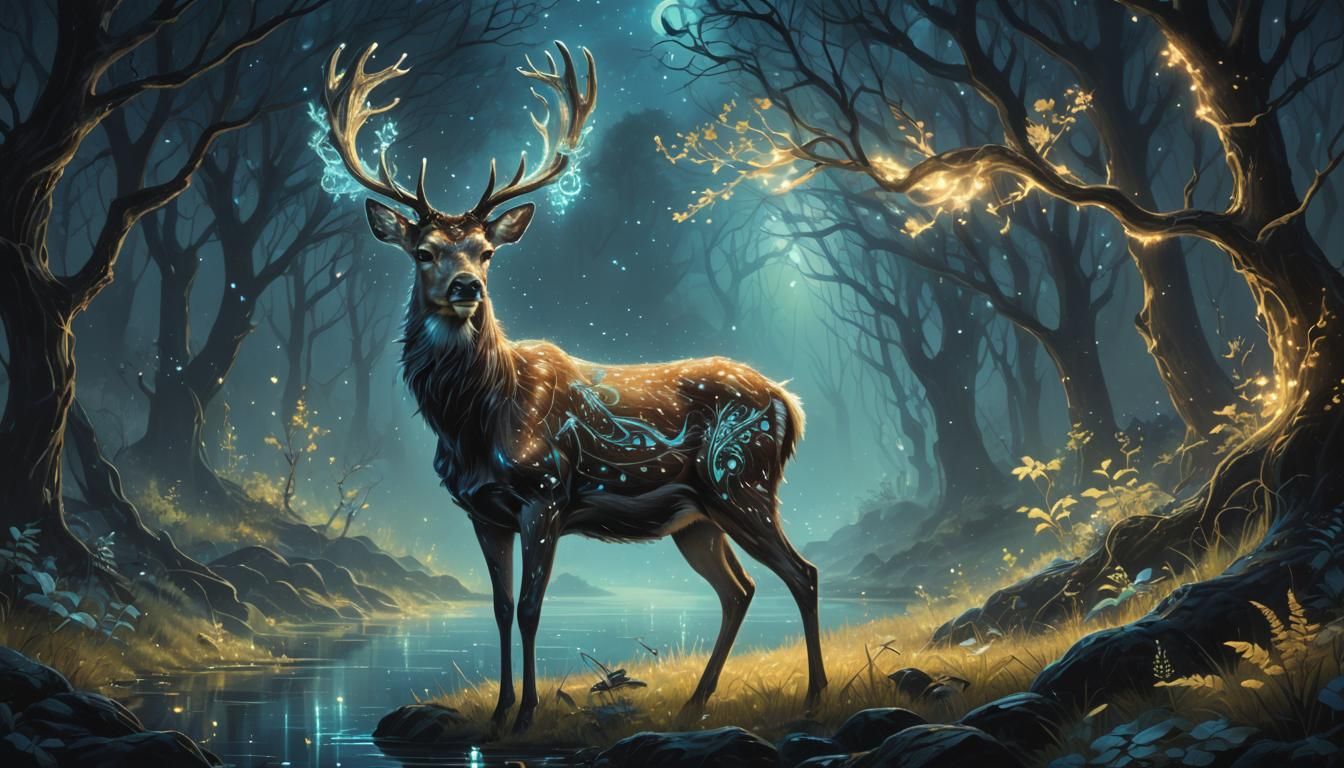 Bioluminescent Deer in the Dark: Ornate Oil Painting
