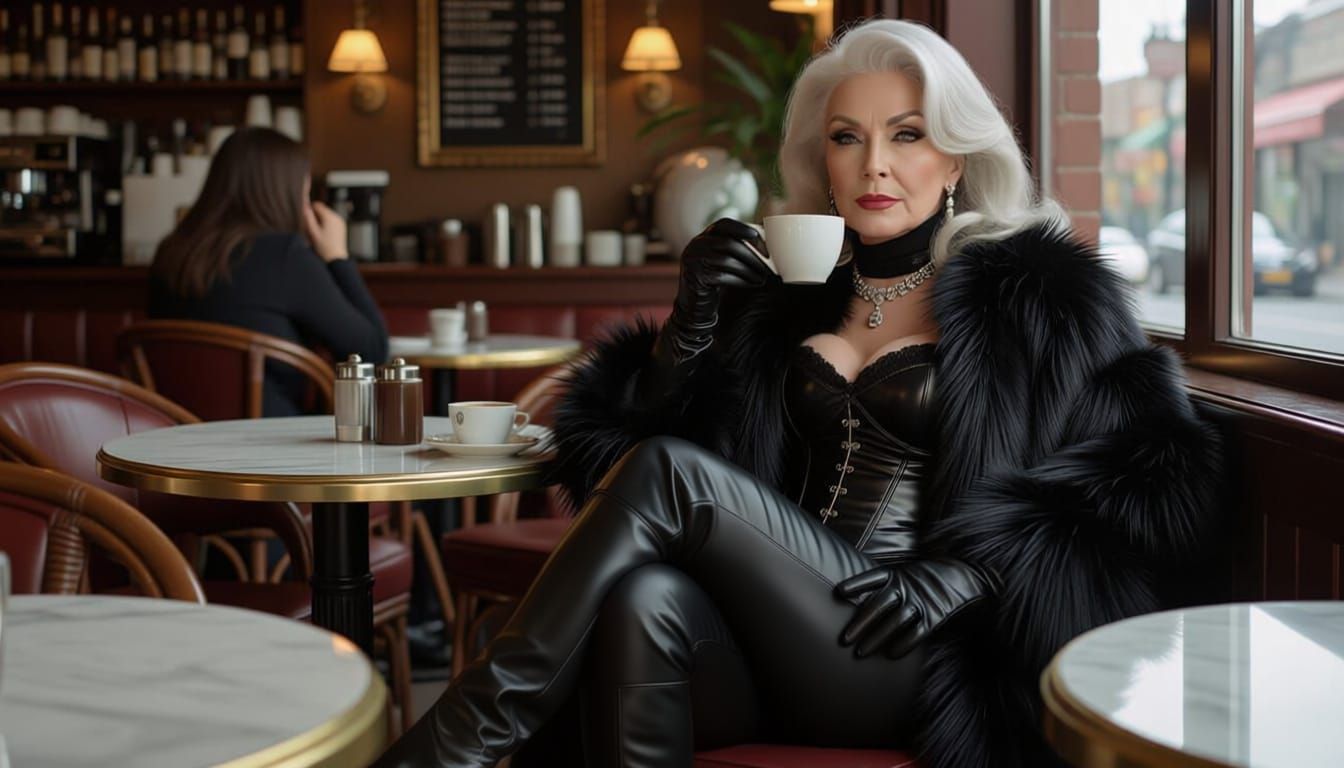 Elegant Woman in Leather Sips Coffee in Bustling Cafe