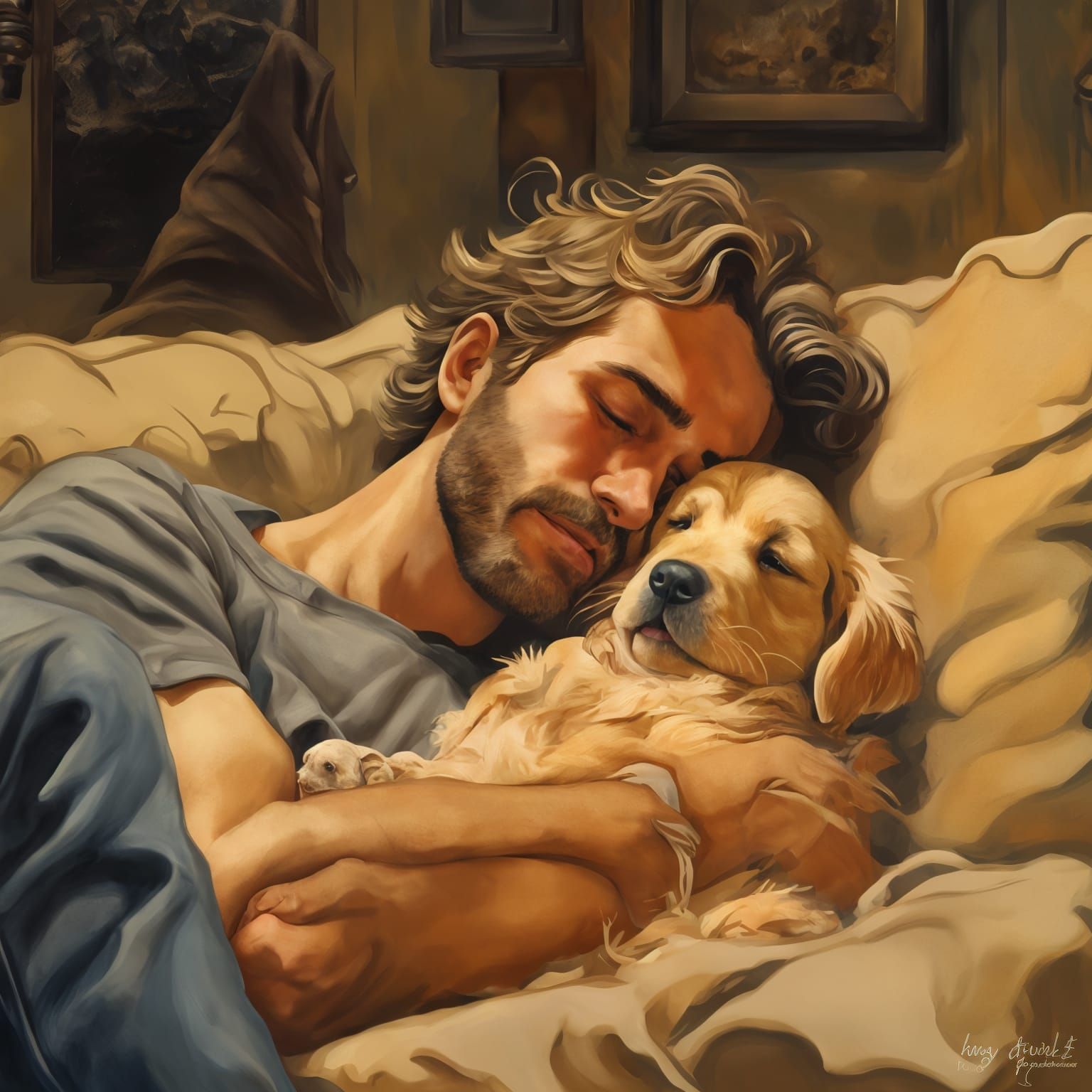 Man and Puppies Sleeping, in Rockwell Style