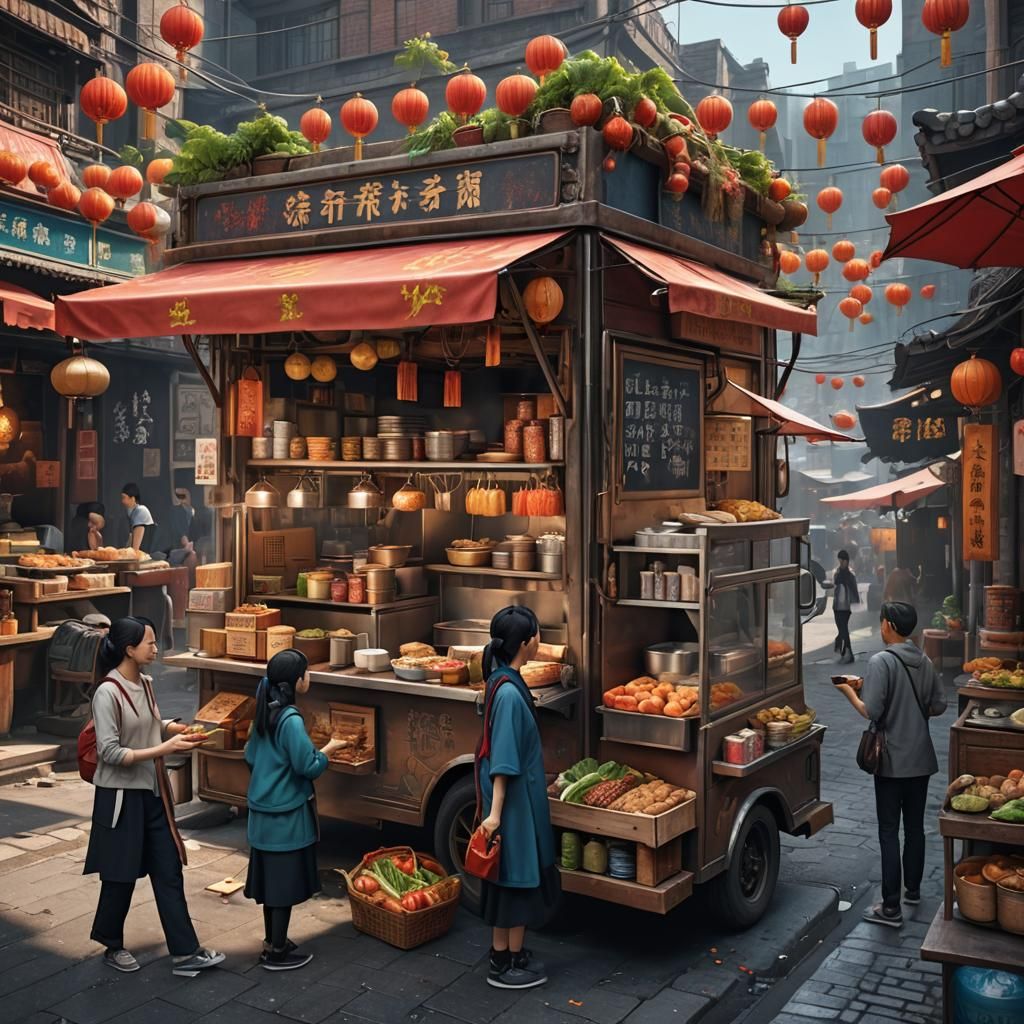 Chinese Girl Selling Food in a Matte Painting