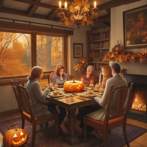 Cozy Family Carving Pumpkins, Rockwell-esque Illustration