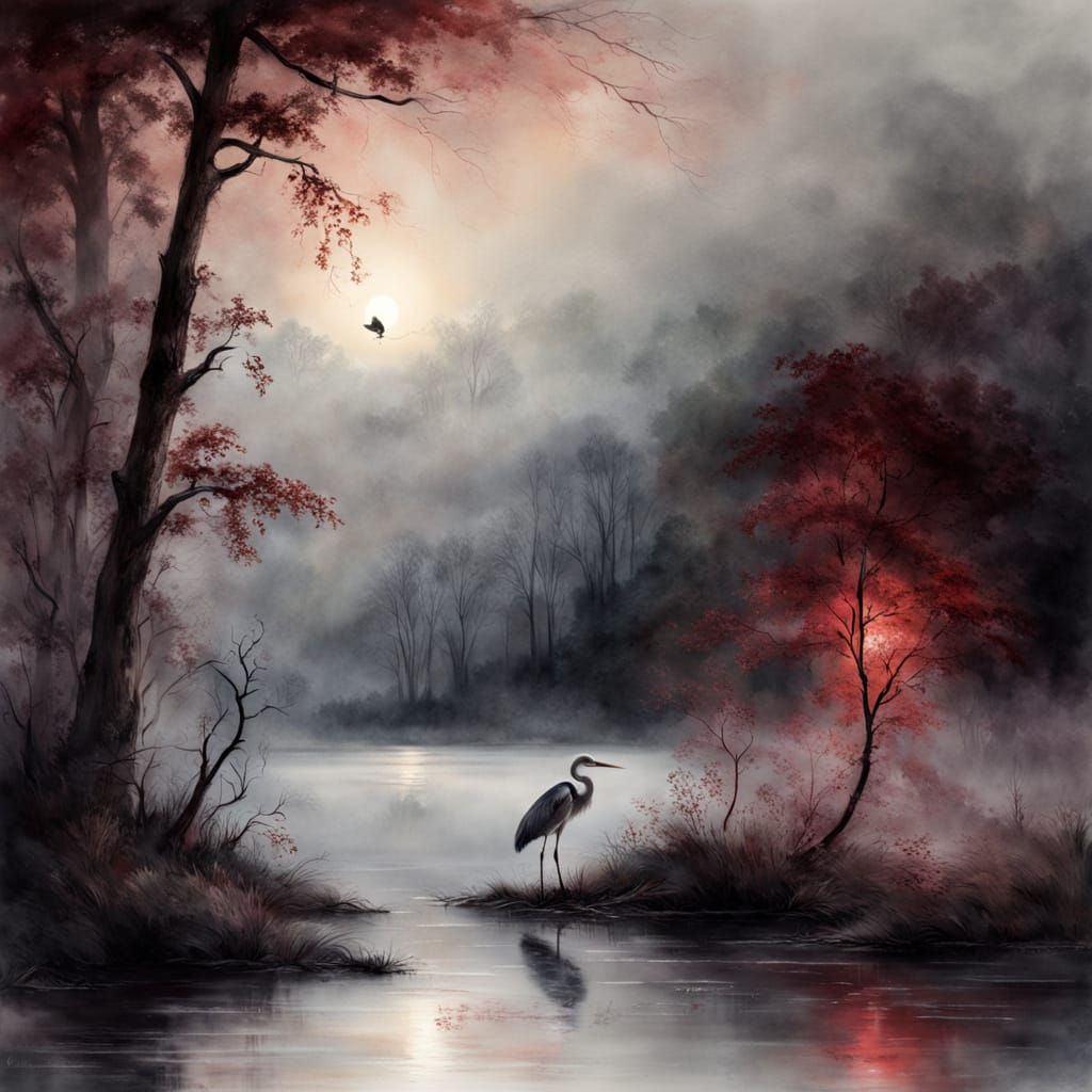 Moonlit Heron in Foggy Lake Scene